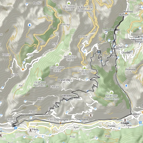 Map miniature of "Nus Castello di Pilato" cycling inspiration in Valle d’Aosta/Vallée d’Aoste, Italy. Generated by Tarmacs.app cycling route planner