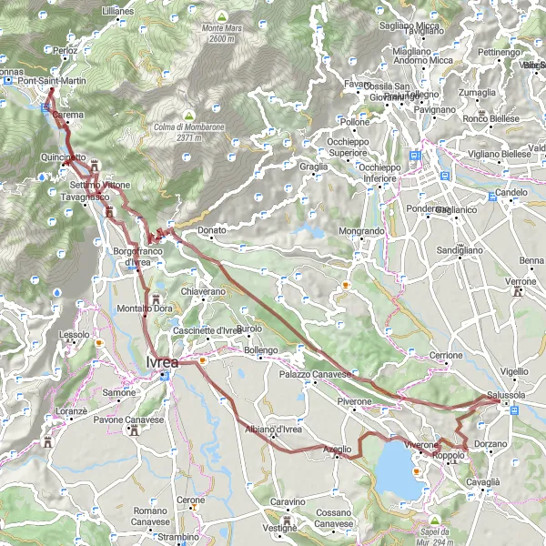 Mapa miniatúra "Scenic Gravel Ride to Viverone" cyklistická inšpirácia v Valle d’Aosta/Vallée d’Aoste, Italy. Vygenerované cyklistickým plánovačom trás Tarmacs.app