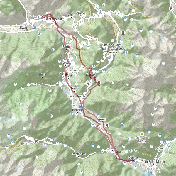 Map miniature of "Gravel Route: Pont-Saint-Martin to Arnad" cycling inspiration in Valle d’Aosta/Vallée d’Aoste, Italy. Generated by Tarmacs.app cycling route planner