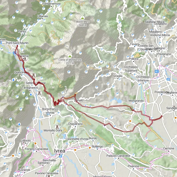 Zemljevid v pomanjšavi "Krožna pot mimo Pont-Saint-Martin (Gravla)" kolesarske inspiracije v Valle d’Aosta/Vallée d’Aoste, Italy. Generirano z načrtovalcem kolesarskih poti Tarmacs.app