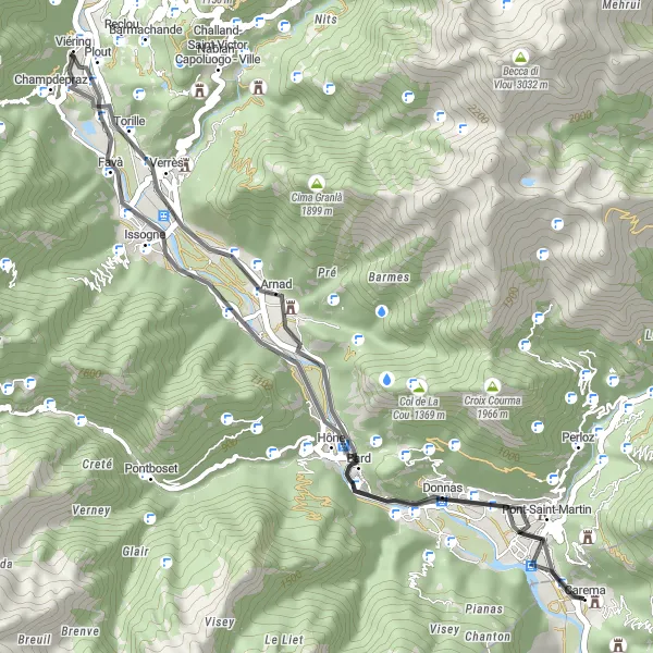 Mapa miniatúra "Cyklotúra s prevýšením 436 m cez Vista sul forte di Bard, Ponte antico di Échallod, Monte Conge, Arnad a Castello Baraing" cyklistická inšpirácia v Valle d’Aosta/Vallée d’Aoste, Italy. Vygenerované cyklistickým plánovačom trás Tarmacs.app