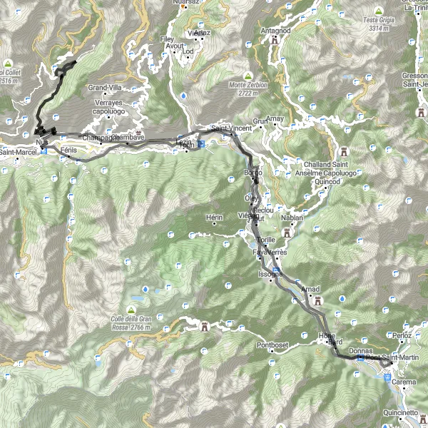 Map miniature of "The Aosta Centenary Route" cycling inspiration in Valle d’Aosta/Vallée d’Aoste, Italy. Generated by Tarmacs.app cycling route planner