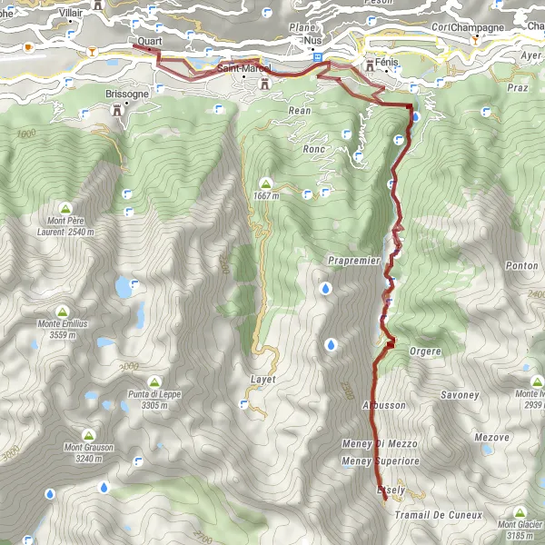 Map miniature of "Gravel Ride through Saint-Marcel Castle" cycling inspiration in Valle d’Aosta/Vallée d’Aoste, Italy. Generated by Tarmacs.app cycling route planner