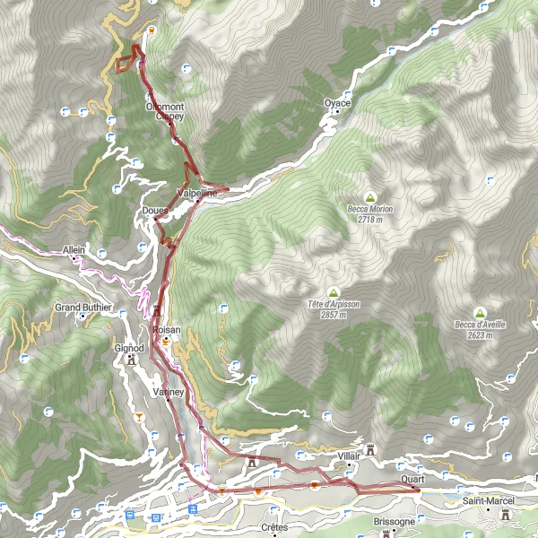 Zemljevid v pomanjšavi "Gravel Route around Quart" kolesarske inspiracije v Valle d’Aosta/Vallée d’Aoste, Italy. Generirano z načrtovalcem kolesarskih poti Tarmacs.app