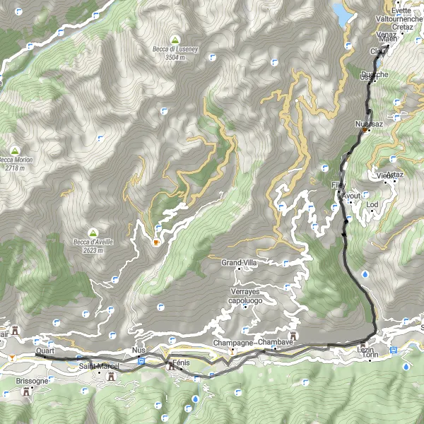 Zemljevid v pomanjšavi "Krožna cestna kolesarska pot okoli Quart" kolesarske inspiracije v Valle d’Aosta/Vallée d’Aoste, Italy. Generirano z načrtovalcem kolesarskih poti Tarmacs.app