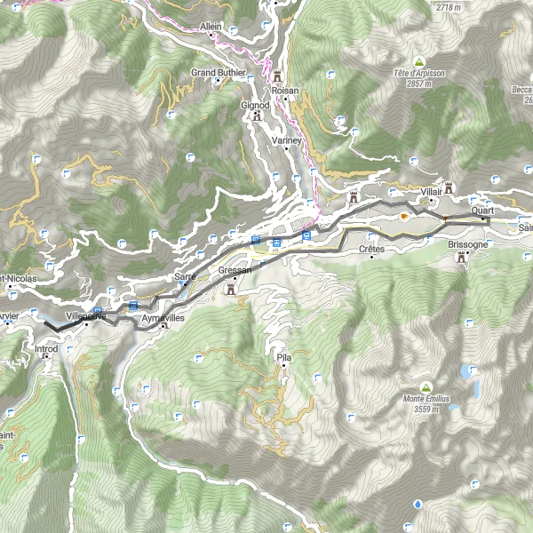 Zemljevid v pomanjšavi "Po sledeh zgodovine in narave" kolesarske inspiracije v Valle d’Aosta/Vallée d’Aoste, Italy. Generirano z načrtovalcem kolesarskih poti Tarmacs.app