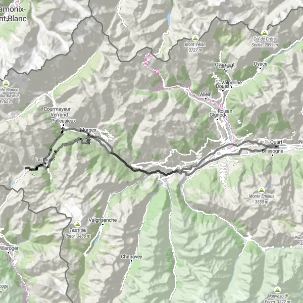Map miniature of "Road Cycling Tour in Aosta Valley" cycling inspiration in Valle d’Aosta/Vallée d’Aoste, Italy. Generated by Tarmacs.app cycling route planner