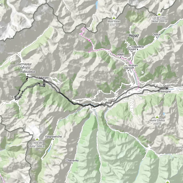 Map miniature of "Quart-La Thuile Road Cycling Adventure" cycling inspiration in Valle d’Aosta/Vallée d’Aoste, Italy. Generated by Tarmacs.app cycling route planner