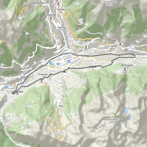 Mapa miniatúra "Cyklo trasa okolo Jovençan na ceste" cyklistická inšpirácia v Valle d’Aosta/Vallée d’Aoste, Italy. Vygenerované cyklistickým plánovačom trás Tarmacs.app