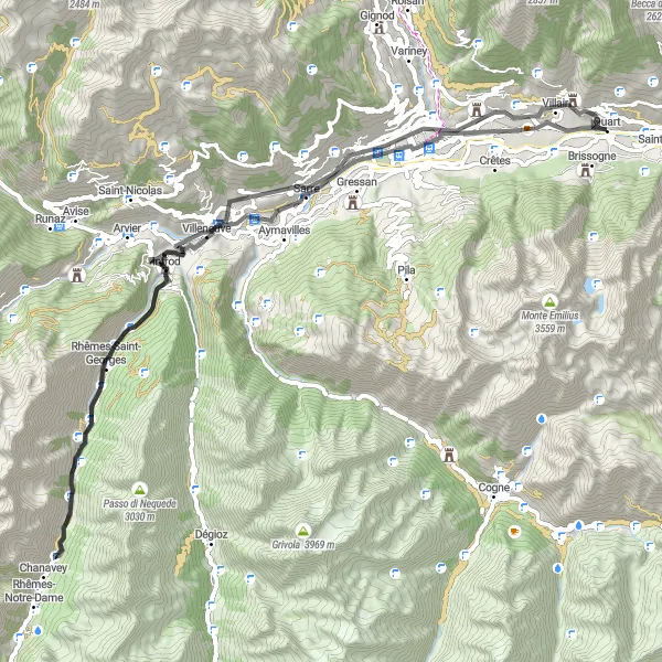 Kartminiatyr av "Svåra klättringar och vacker utsikt" cykelinspiration i Valle d’Aosta/Vallée d’Aoste, Italy. Genererad av Tarmacs.app cykelruttplanerare