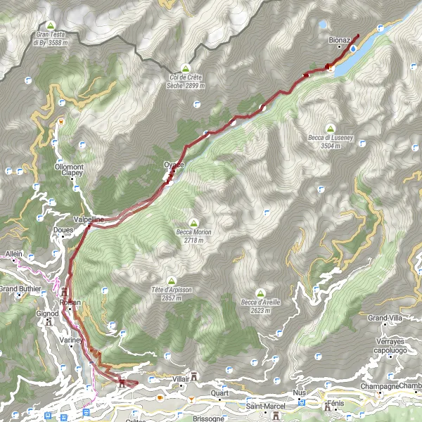 Miniature de la carte de l'inspiration cycliste "Les Chemins Gravel de la Vallée d'Aoste" dans la Valle d’Aosta/Vallée d’Aoste, Italy. Générée par le planificateur d'itinéraire cycliste Tarmacs.app