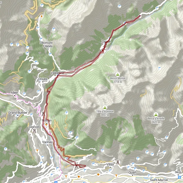 Map miniature of "Saint-Christophe to Castello Passerin d'Entrèves and Doues Gravel Cycling Route" cycling inspiration in Valle d’Aosta/Vallée d’Aoste, Italy. Generated by Tarmacs.app cycling route planner