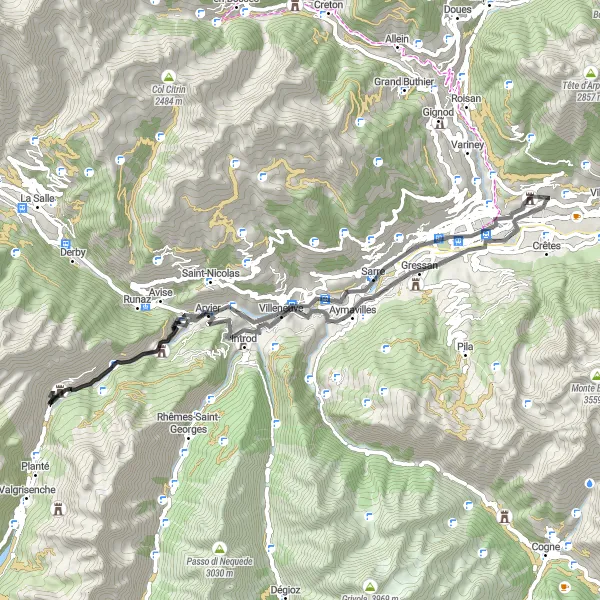 Miniatura della mappa di ispirazione al ciclismo "Scoperta della Valle d'Aosta in bicicletta su strada" nella regione di Valle d’Aosta/Vallée d’Aoste, Italy. Generata da Tarmacs.app, pianificatore di rotte ciclistiche