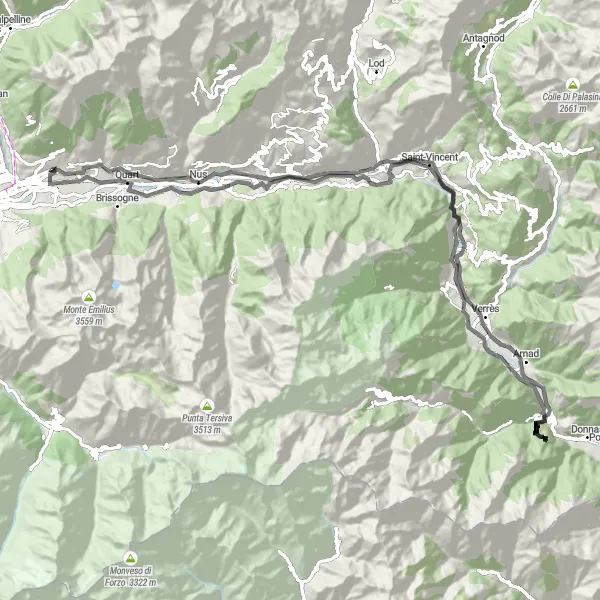 Miniatuurkaart van de fietsinspiratie "Rondrit langs kastelen en forten" in Valle d’Aosta/Vallée d’Aoste, Italy. Gemaakt door de Tarmacs.app fietsrouteplanner