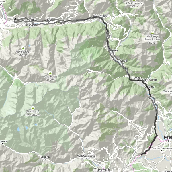 Miniatua del mapa de inspiración ciclista "Ruta de 150 km en carretera desde Saint-Christophe" en Valle d’Aosta/Vallée d’Aoste, Italy. Generado por Tarmacs.app planificador de rutas ciclistas