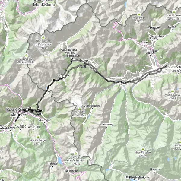 Map miniature of "Saint-Christophe to Torre del Lebbroso and Col du Petit-Saint-Bernard Cycling Route" cycling inspiration in Valle d’Aosta/Vallée d’Aoste, Italy. Generated by Tarmacs.app cycling route planner