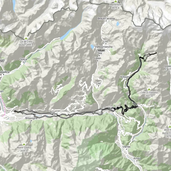 Zemljevid v pomanjšavi "Staza Fénis-Champoluc-Bettaforca" kolesarske inspiracije v Valle d’Aosta/Vallée d’Aoste, Italy. Generirano z načrtovalcem kolesarskih poti Tarmacs.app