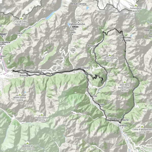 Kartminiatyr av "Utmanande cykeltur i Val d'Aosta" cykelinspiration i Valle d’Aosta/Vallée d’Aoste, Italy. Genererad av Tarmacs.app cykelruttplanerare