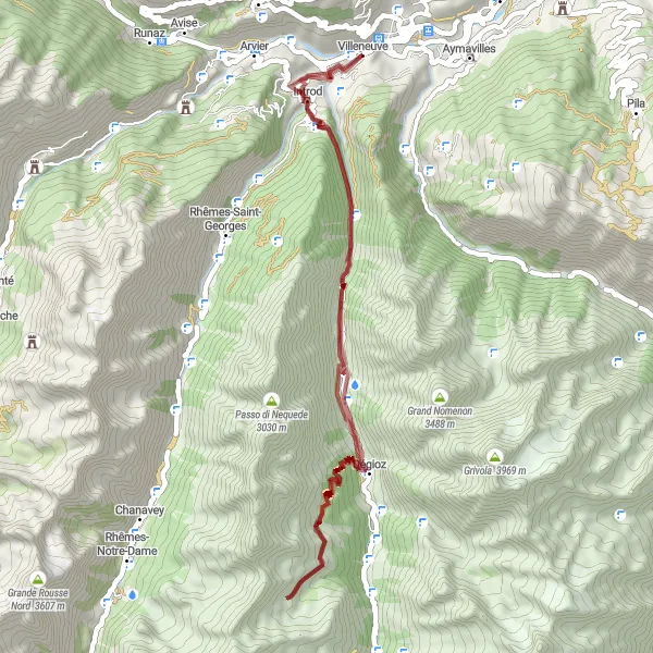 Miniaturekort af cykelinspirationen "Gruscykelrute: Crête de Ville til Introd" i Valle d’Aosta/Vallée d’Aoste, Italy. Genereret af Tarmacs.app cykelruteplanlægger