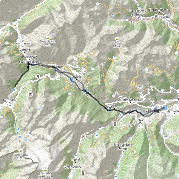 Zemljevid v pomanjšavi "Kulturna kolesarska dogodivščina" kolesarske inspiracije v Valle d’Aosta/Vallée d’Aoste, Italy. Generirano z načrtovalcem kolesarskih poti Tarmacs.app