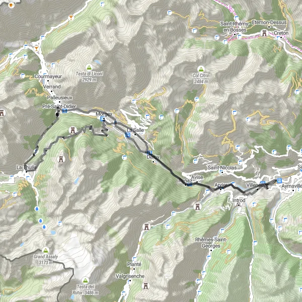 Mapa miniatúra "Cyklistická trasa Castello di Saint Pierre" cyklistická inšpirácia v Valle d’Aosta/Vallée d’Aoste, Italy. Vygenerované cyklistickým plánovačom trás Tarmacs.app