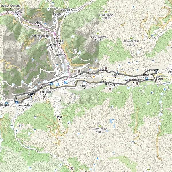 Miniaturní mapa "Cykloturistika u Saint-Pierre" inspirace pro cyklisty v oblasti Valle d’Aosta/Vallée d’Aoste, Italy. Vytvořeno pomocí plánovače tras Tarmacs.app