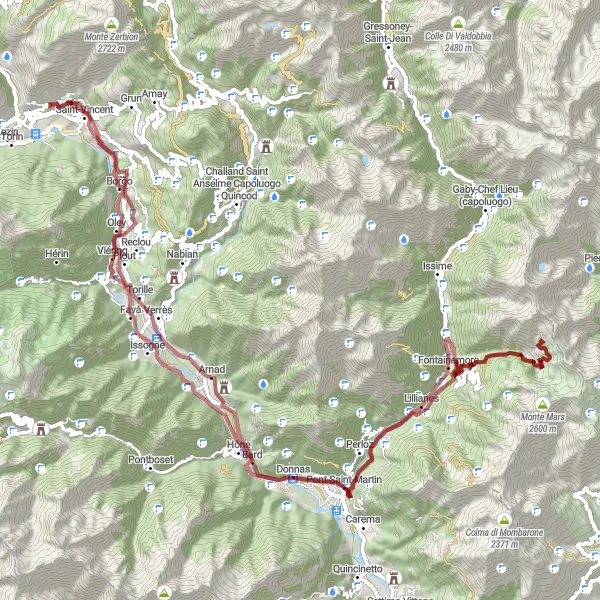 Miniaturní mapa "Gravelová výzva kolem Saint-Vincent" inspirace pro cyklisty v oblasti Valle d’Aosta/Vallée d’Aoste, Italy. Vytvořeno pomocí plánovače tras Tarmacs.app
