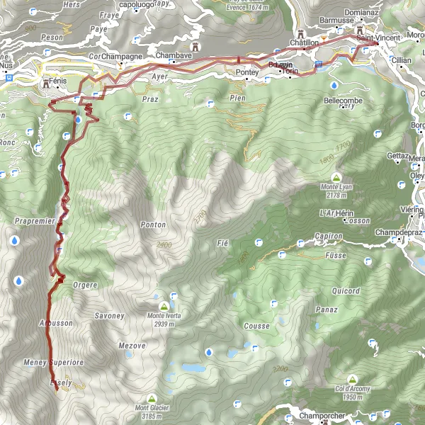 Karttaminiaatyyri "Pyöräilyreitti Valle d’Aostassa" pyöräilyinspiraatiosta alueella Valle d’Aosta/Vallée d’Aoste, Italy. Luotu Tarmacs.app pyöräilyreittisuunnittelijalla