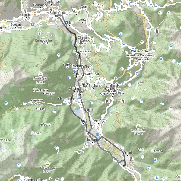 Karttaminiaatyyri "Saint-Vincent - Col Nache Loop" pyöräilyinspiraatiosta alueella Valle d’Aosta/Vallée d’Aoste, Italy. Luotu Tarmacs.app pyöräilyreittisuunnittelijalla