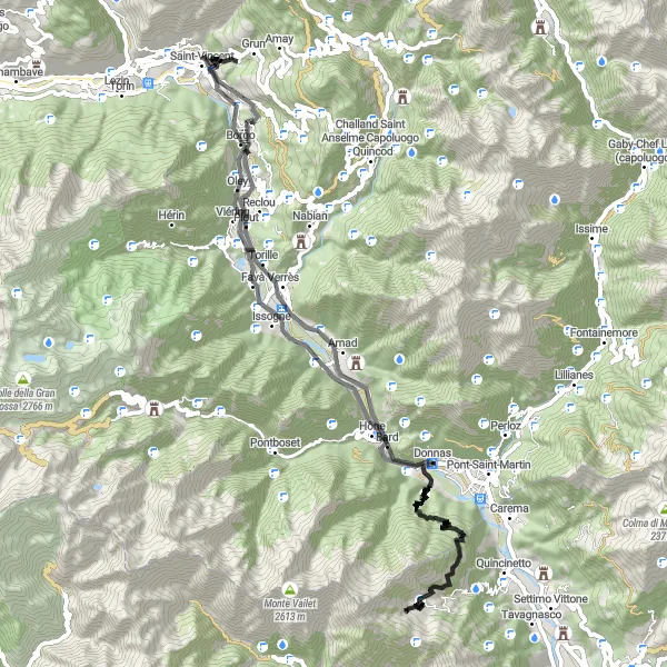 Mapa miniatúra "Cestná cyklotrasa cez údolí Valle d'Aosta" cyklistická inšpirácia v Valle d’Aosta/Vallée d’Aoste, Italy. Vygenerované cyklistickým plánovačom trás Tarmacs.app