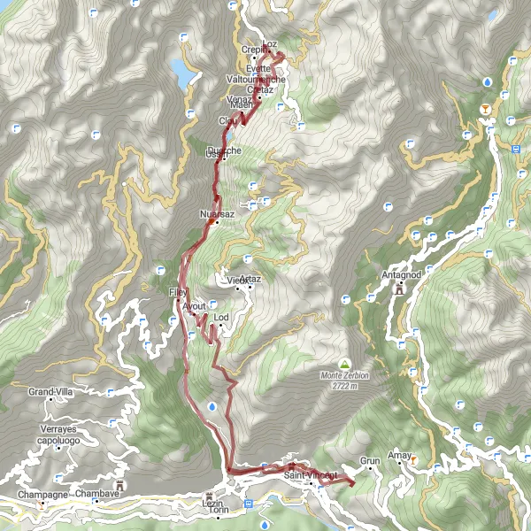 Miniatura della mappa di ispirazione al ciclismo "Gravel da Valtournenche a Valtournenche" nella regione di Valle d’Aosta/Vallée d’Aoste, Italy. Generata da Tarmacs.app, pianificatore di rotte ciclistiche