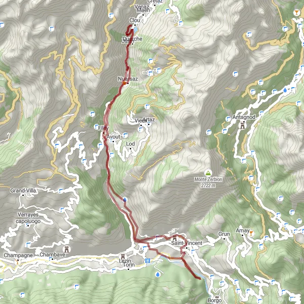 Kartminiatyr av "Grusvei til Mont-Perron" sykkelinspirasjon i Valle d’Aosta/Vallée d’Aoste, Italy. Generert av Tarmacs.app sykkelrutoplanlegger
