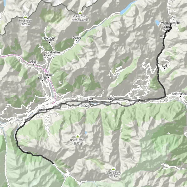 Miniatura della mappa di ispirazione al ciclismo "Tour ciclistico tra castelli e paesaggi mozzafiato" nella regione di Valle d’Aosta/Vallée d’Aoste, Italy. Generata da Tarmacs.app, pianificatore di rotte ciclistiche