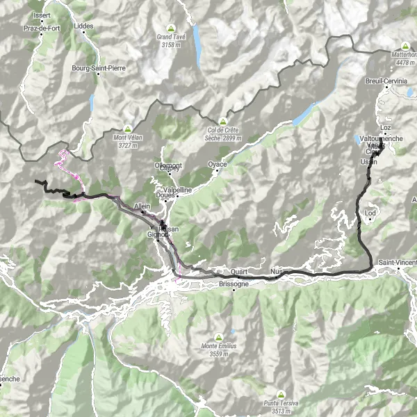 Miniatua del mapa de inspiración ciclista "Ruta desafiante por carretera desde Valtournenche" en Valle d’Aosta/Vallée d’Aoste, Italy. Generado por Tarmacs.app planificador de rutas ciclistas