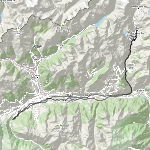 Zemljevid v pomanjšavi "Pot do Valtournenche prek poti road" kolesarske inspiracije v Valle d’Aosta/Vallée d’Aoste, Italy. Generirano z načrtovalcem kolesarskih poti Tarmacs.app