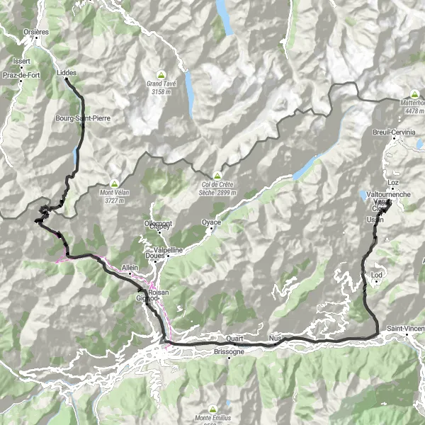 Mapa miniatúra "Náročná horská cesta cez Dolné Údolie" cyklistická inšpirácia v Valle d’Aosta/Vallée d’Aoste, Italy. Vygenerované cyklistickým plánovačom trás Tarmacs.app