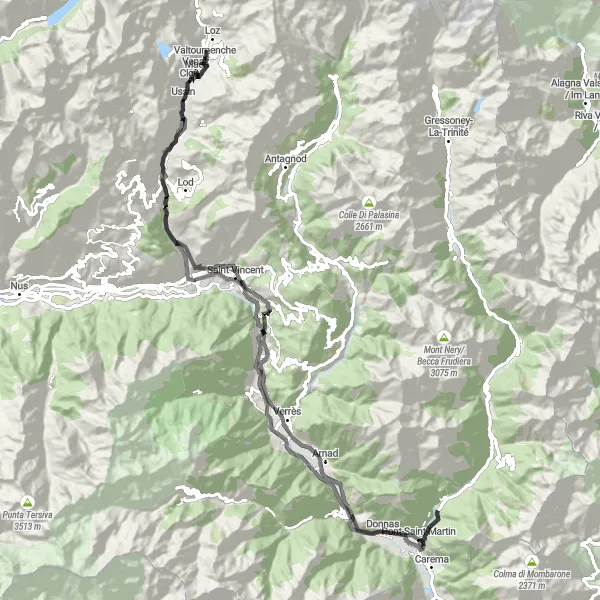 Zemljevid v pomanjšavi "Kolesarska pot do Valtournenche" kolesarske inspiracije v Valle d’Aosta/Vallée d’Aoste, Italy. Generirano z načrtovalcem kolesarskih poti Tarmacs.app