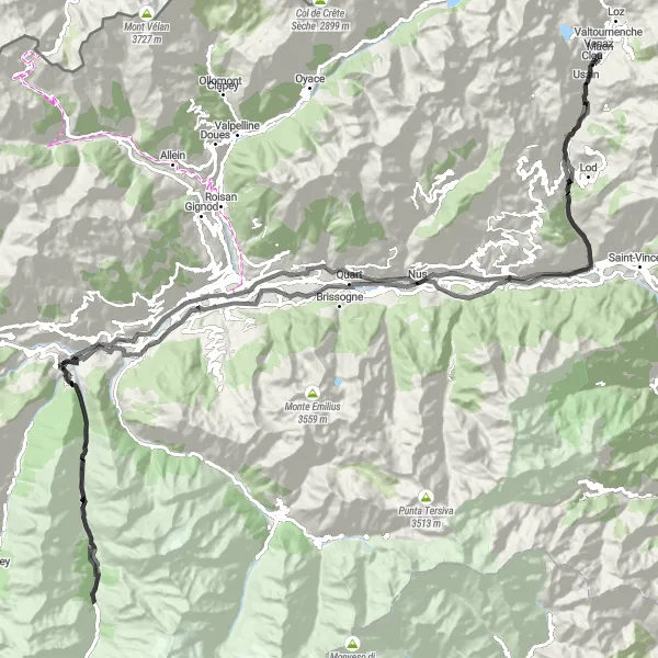 Miniaturekort af cykelinspirationen "Belvedere til Valtournenche Vejcykelrute" i Valle d’Aosta/Vallée d’Aoste, Italy. Genereret af Tarmacs.app cykelruteplanlægger