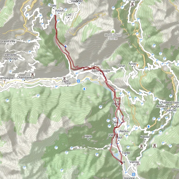 Kartminiatyr av "Eventyrlige grusveier og historiske steder" sykkelinspirasjon i Valle d’Aosta/Vallée d’Aoste, Italy. Generert av Tarmacs.app sykkelrutoplanlegger
