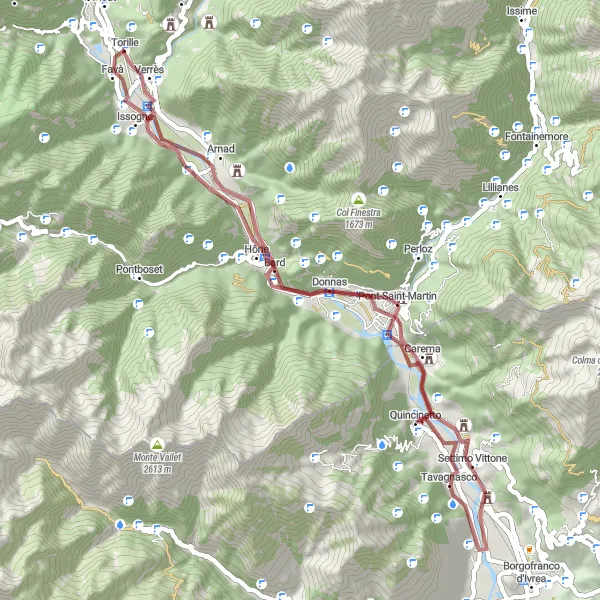 Kartminiatyr av "Historiske landemerker i Échallod og Pont-Saint-Martin" sykkelinspirasjon i Valle d’Aosta/Vallée d’Aoste, Italy. Generert av Tarmacs.app sykkelrutoplanlegger
