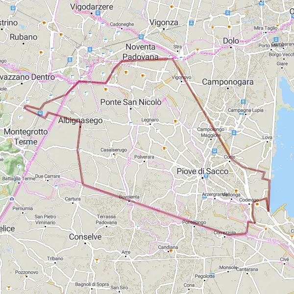 Miniatura della mappa di ispirazione al ciclismo "Cicloturismo tra Noventa Padovana e Albignasego" nella regione di Veneto, Italy. Generata da Tarmacs.app, pianificatore di rotte ciclistiche