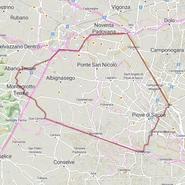 Miniatua del mapa de inspiración ciclista "Ruta de grava a Noventa Padovana y Montegrotto Terme" en Veneto, Italy. Generado por Tarmacs.app planificador de rutas ciclistas