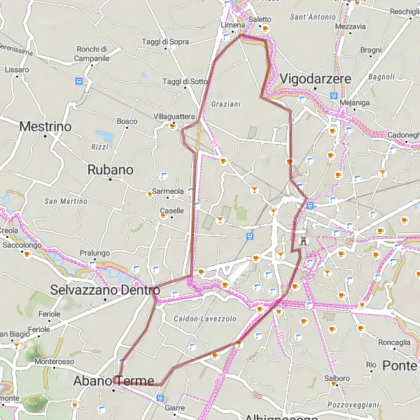 Map miniature of "The Abano Terme Gravel Delight" cycling inspiration in Veneto, Italy. Generated by Tarmacs.app cycling route planner