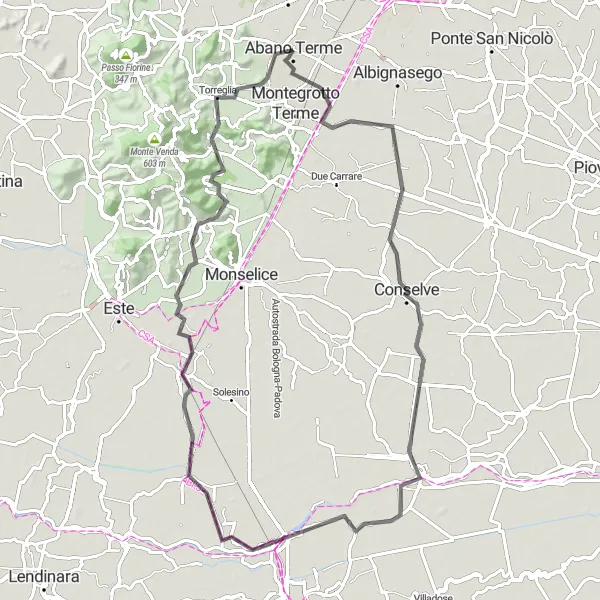 Kartminiatyr av "Abano Terme - Maserà di Padova - Bagnoli di Sopra - San Martino di Venezze - Vescovana - Monte Cecilia - Arquà Petrarca - Monte Siesa - Torreglia" cykelinspiration i Veneto, Italy. Genererad av Tarmacs.app cykelruttplanerare