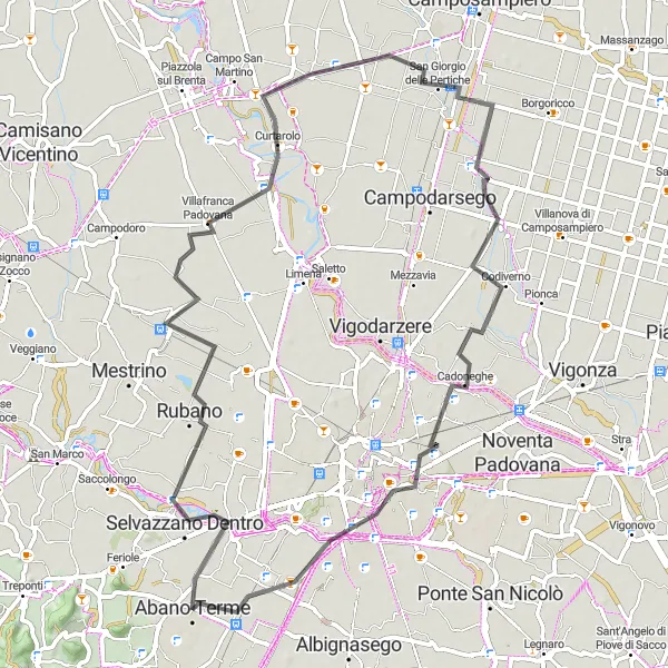 Miniaturní mapa "Okružní cyklistická trasa po silnici z Abano Term" inspirace pro cyklisty v oblasti Veneto, Italy. Vytvořeno pomocí plánovače tras Tarmacs.app