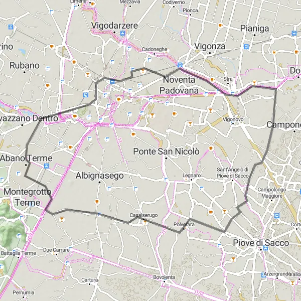 Mapa miniatúra "Cyklistika okolo Abano Terme zahrňujúca Padovu" cyklistická inšpirácia v Veneto, Italy. Vygenerované cyklistickým plánovačom trás Tarmacs.app
