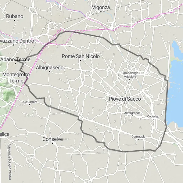 Miniatura mapy "Przejażdżka szosowymi drogami w okolicy Abano Terme" - trasy rowerowej w Veneto, Italy. Wygenerowane przez planer tras rowerowych Tarmacs.app