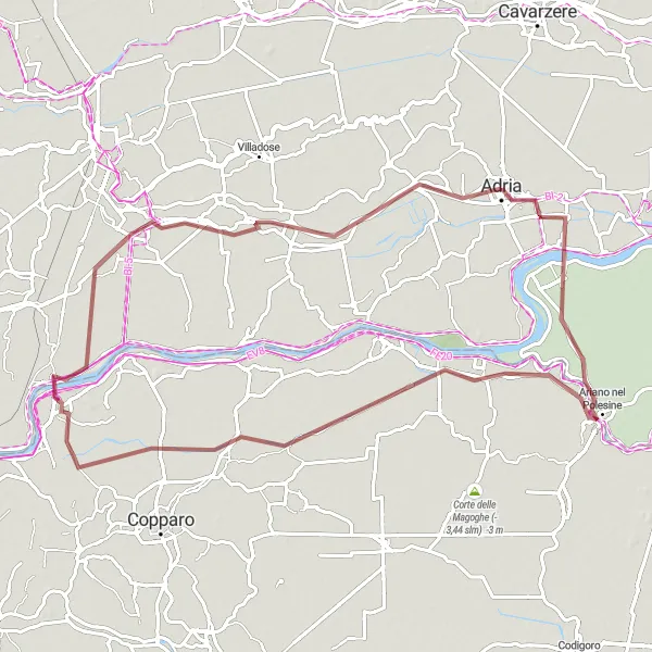 Miniatua del mapa de inspiración ciclista "Ruta de ciclismo de grava alrededor de Adria" en Veneto, Italy. Generado por Tarmacs.app planificador de rutas ciclistas