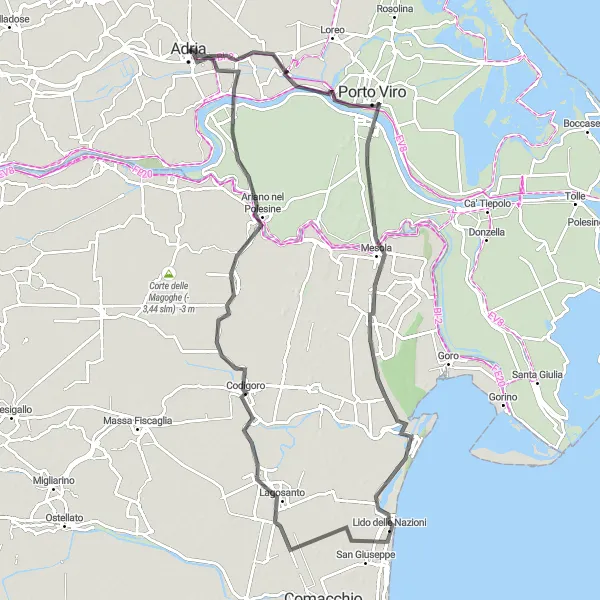 Map miniature of "Adria to Porto Viro Cycling Route" cycling inspiration in Veneto, Italy. Generated by Tarmacs.app cycling route planner