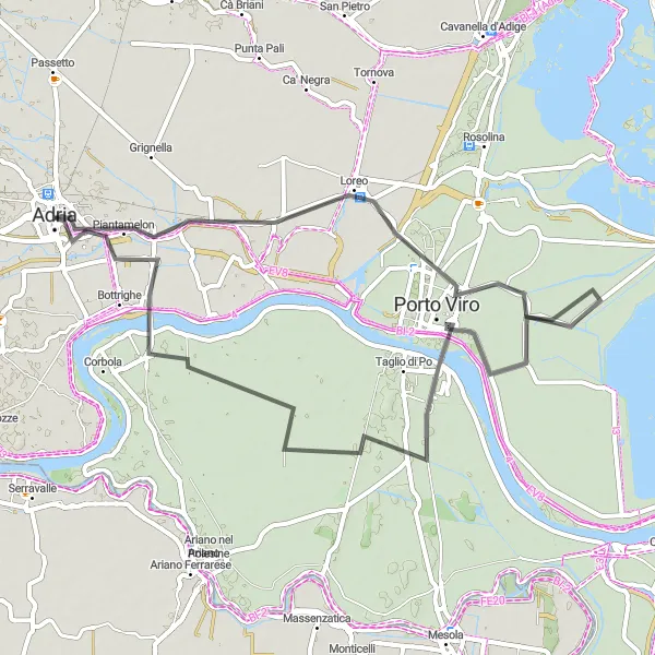 Kartminiatyr av "Pedal til Loreo og Grillara" sykkelinspirasjon i Veneto, Italy. Generert av Tarmacs.app sykkelrutoplanlegger